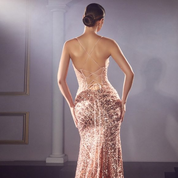 NEW LONG OFF SHOULDER SLEEVELESS EMBROIDERED SEQUIN DRESS WITH LACE UP CDS421 - Picture 5 of 10